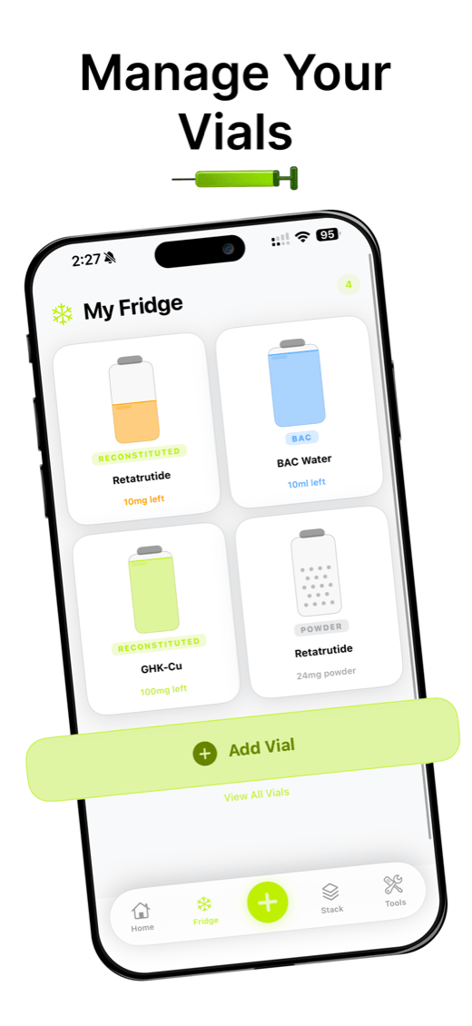 Dosely App Store screenshot — manage your vials in the My Fridge inventory