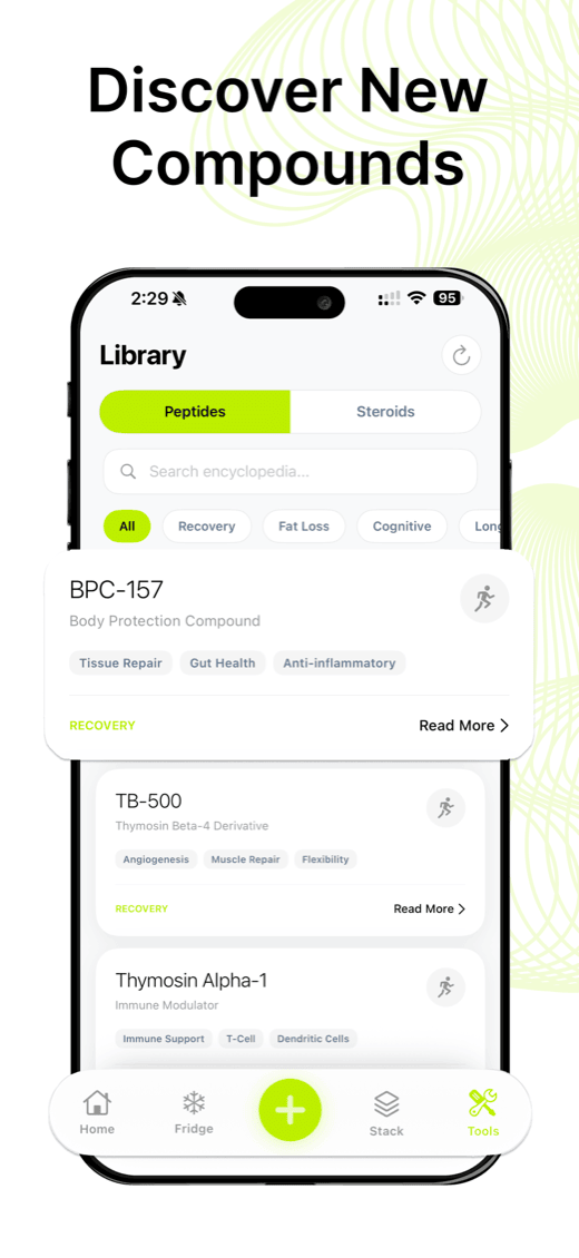 Dosely App Store screenshot — discover new compounds in the peptide library