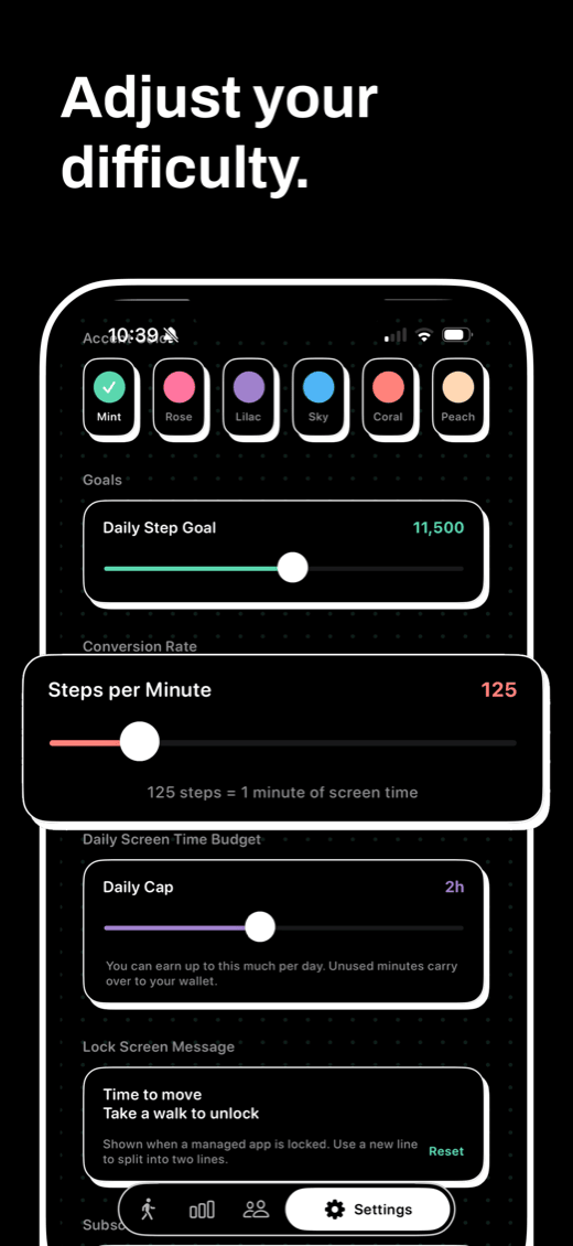 Stepsy App Store screenshot — adjust your difficulty: steps per minute and daily caps